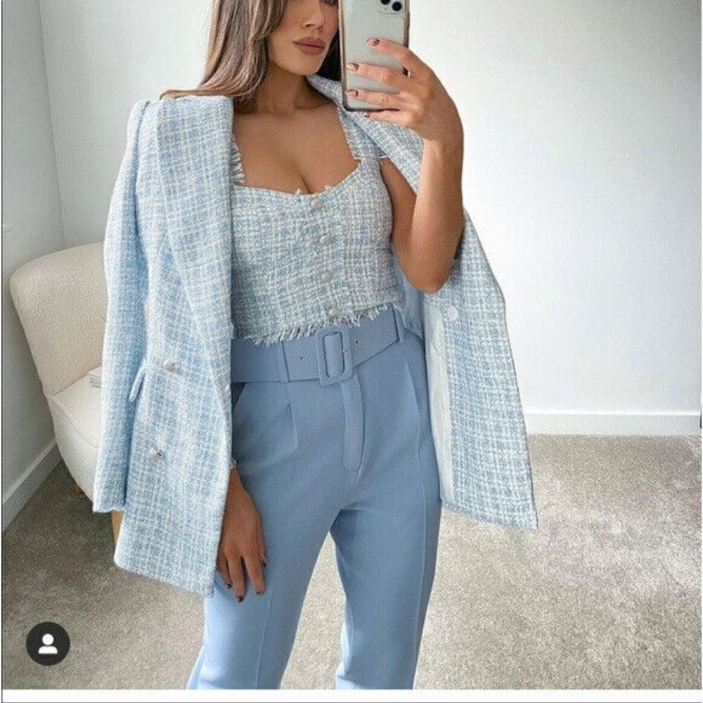 ZARA BLOGGERS FAV NEW DOUBLE BREASTED TEXTURED tweed blazer SKY BLUE 755…
